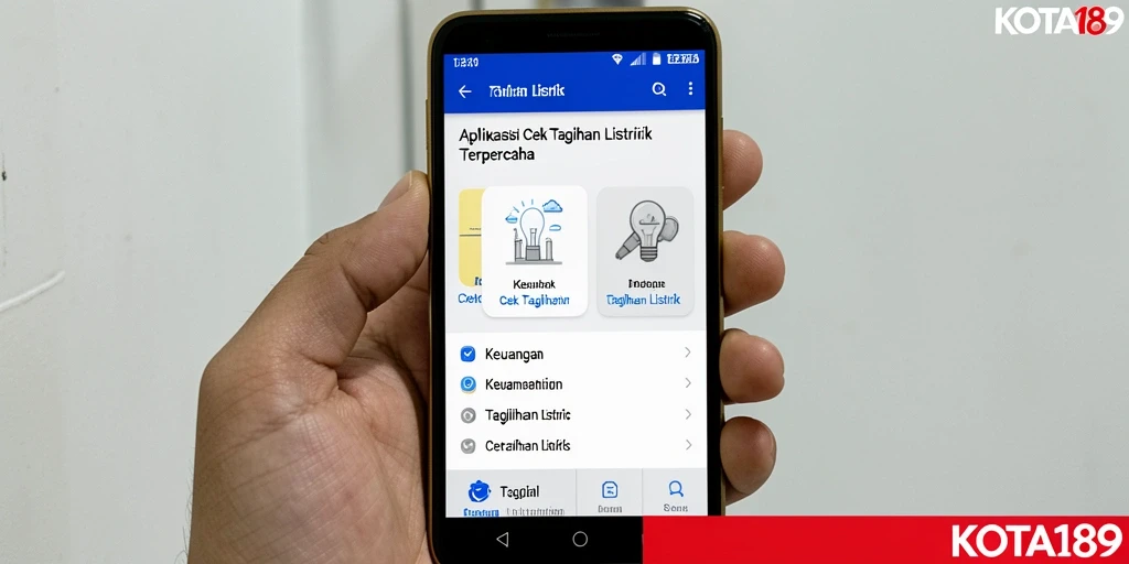 Tampilan aplikasi KOTA189 yang sederhana dan fungsional untuk cek tagihan listrik.
